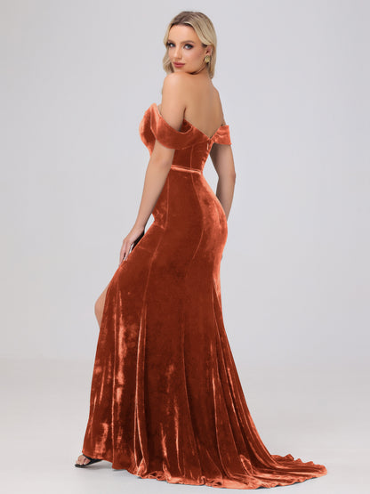 Mermaid Off the Shoulder Zipper Back Velvet Bridesmaid Dresses with Slit