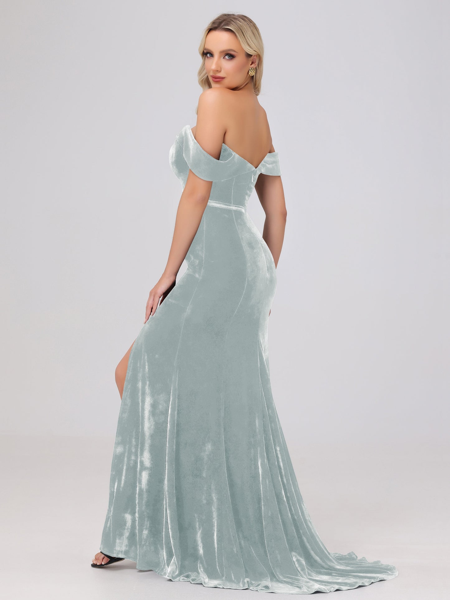 Mermaid Off the Shoulder Zipper Back Velvet Bridesmaid Dresses with Slit