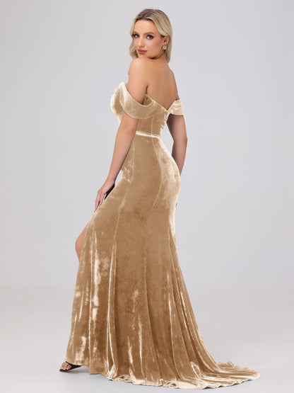Mermaid Off the Shoulder Zipper Back Velvet Bridesmaid Dresses with Slit