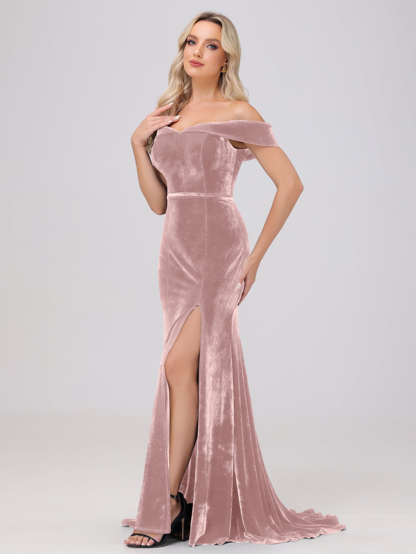 Mermaid Off the Shoulder Zipper Back Velvet Bridesmaid Dresses with Slit