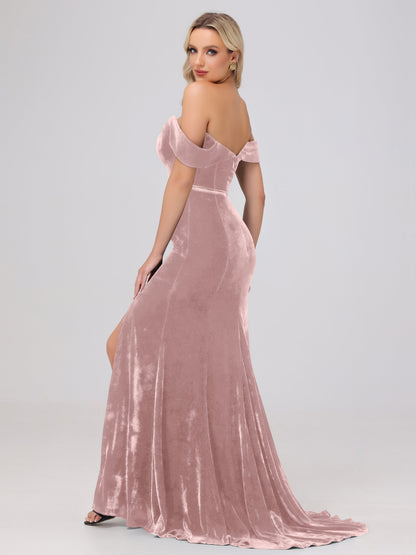 Mermaid Off the Shoulder Zipper Back Velvet Bridesmaid Dresses with Slit