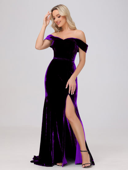 Mermaid Off the Shoulder Zipper Back Velvet Bridesmaid Dresses with Slit