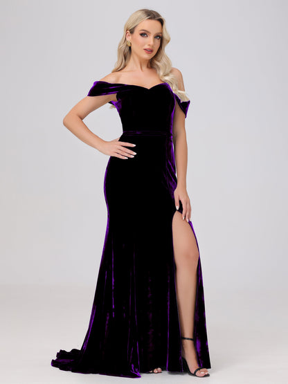 Mermaid Off the Shoulder Zipper Back Velvet Bridesmaid Dresses with Slit