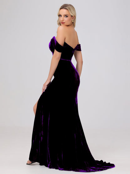 Mermaid Off the Shoulder Zipper Back Velvet Bridesmaid Dresses with Slit