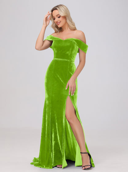 Mermaid Off the Shoulder Zipper Back Velvet Bridesmaid Dresses with Slit