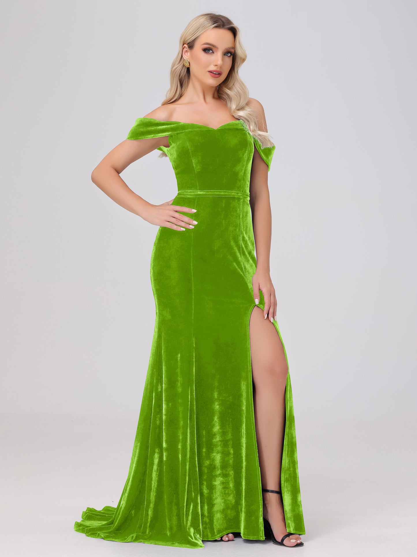 Mermaid Off the Shoulder Zipper Back Velvet Bridesmaid Dresses with Slit