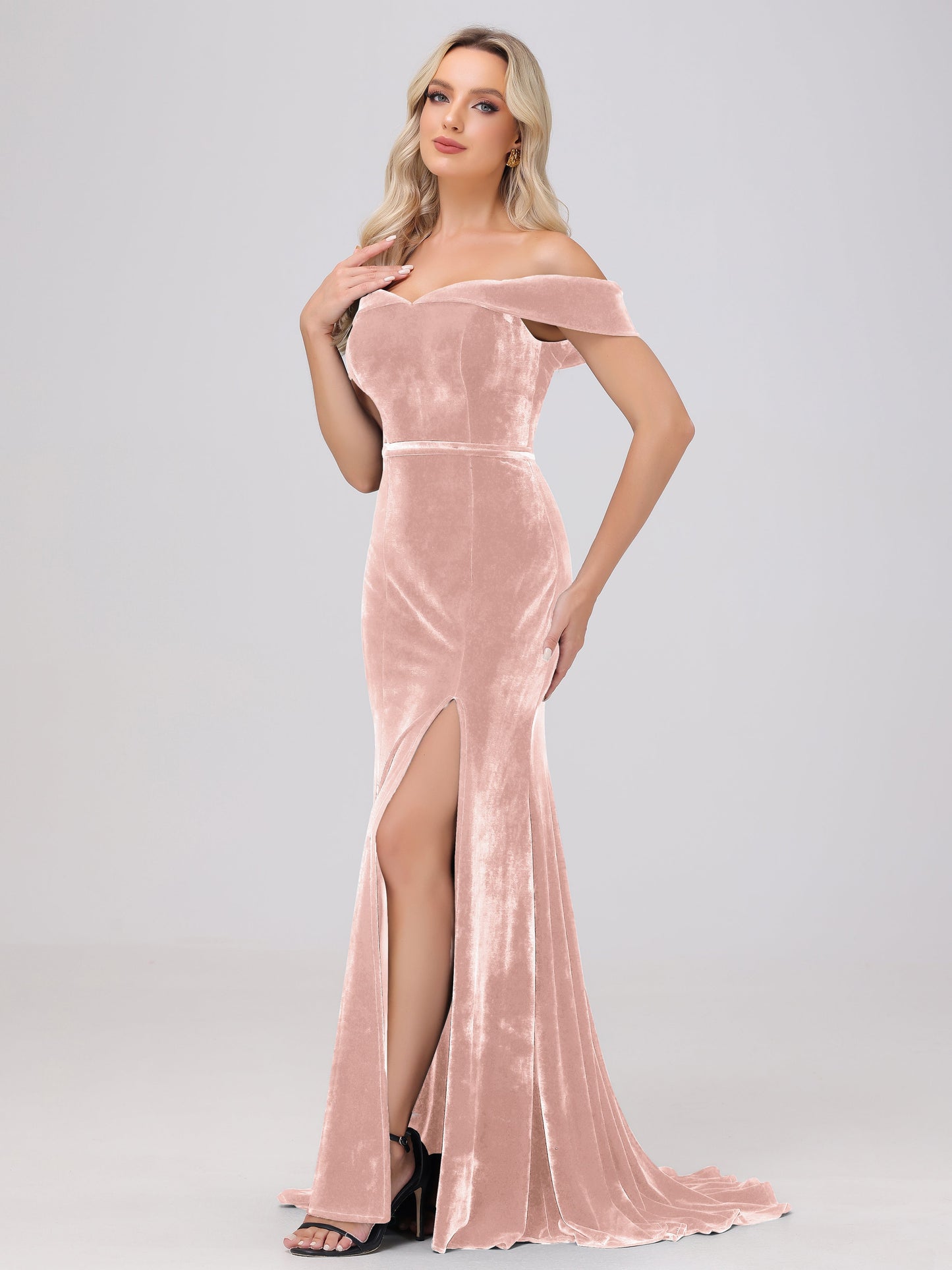 Mermaid Off the Shoulder Zipper Back Velvet Bridesmaid Dresses with Slit