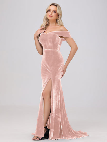 Mermaid Off the Shoulder Zipper Back Velvet Bridesmaid Dresses with Slit