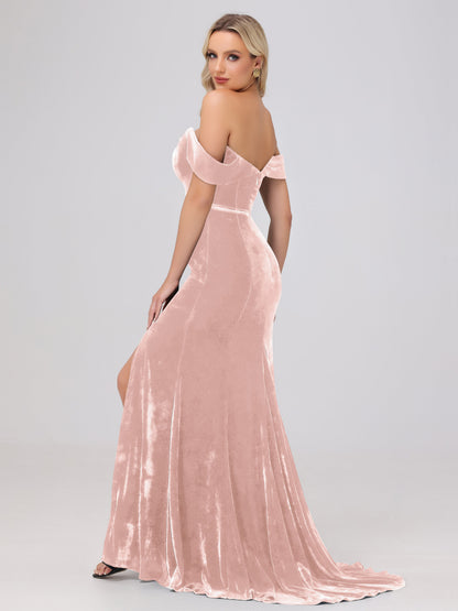 Mermaid Off the Shoulder Zipper Back Velvet Bridesmaid Dresses with Slit