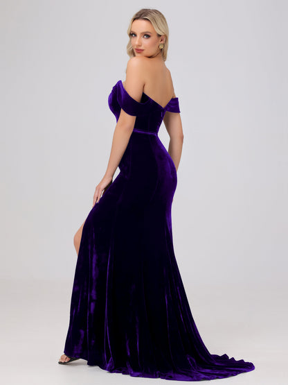 Mermaid Off the Shoulder Zipper Back Velvet Bridesmaid Dresses with Slit