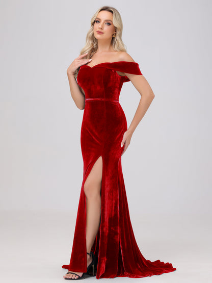 Mermaid Off the Shoulder Zipper Back Velvet Bridesmaid Dresses with Slit