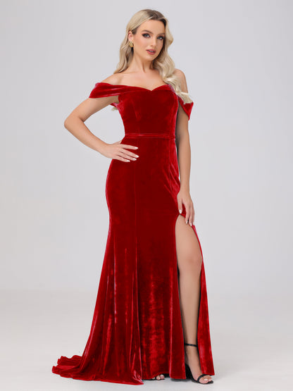 Mermaid Off the Shoulder Zipper Back Velvet Bridesmaid Dresses with Slit