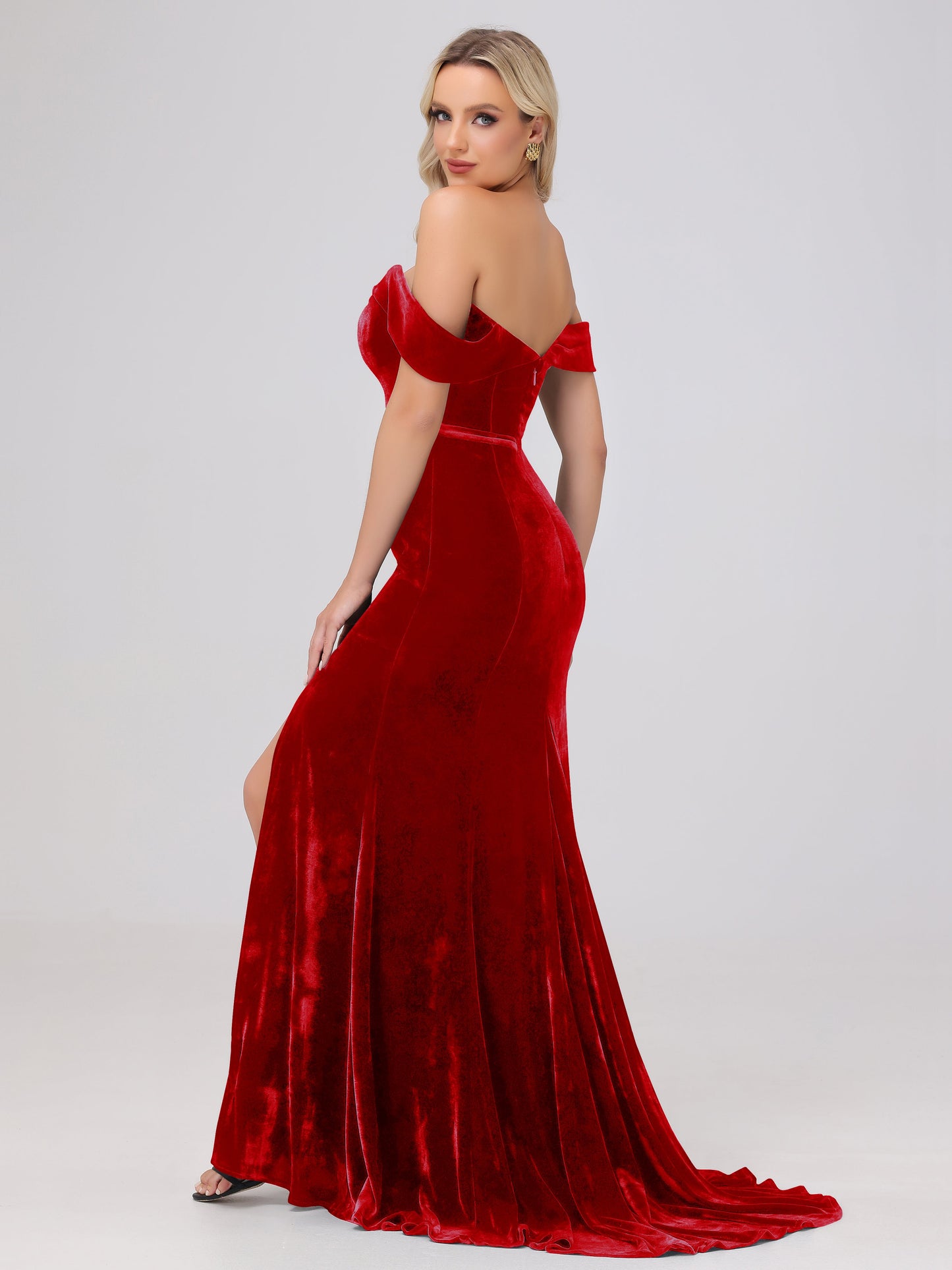 Mermaid Off the Shoulder Zipper Back Velvet Bridesmaid Dresses with Slit