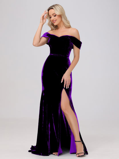 Mermaid Off the Shoulder Zipper Back Velvet Bridesmaid Dresses with Slit