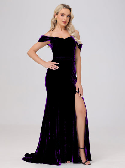 Mermaid Off the Shoulder Zipper Back Velvet Bridesmaid Dresses with Slit