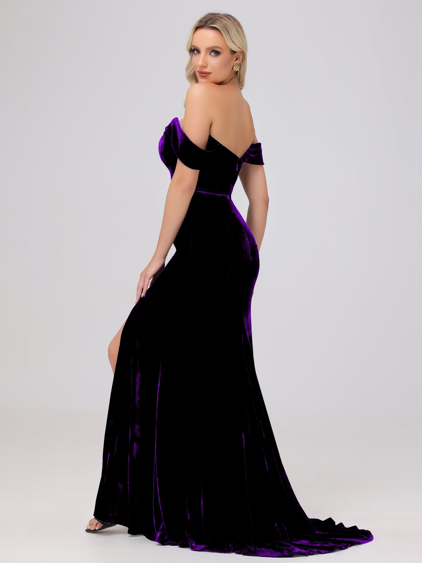 Mermaid Off the Shoulder Zipper Back Velvet Bridesmaid Dresses with Slit