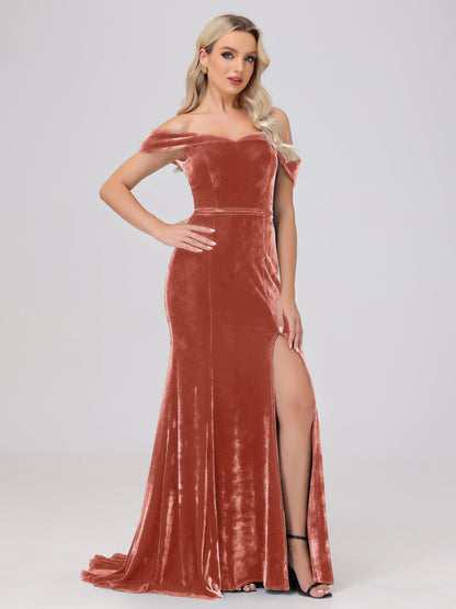 Mermaid Off the Shoulder Zipper Back Velvet Bridesmaid Dresses with Slit