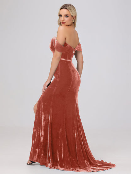 Mermaid Off the Shoulder Zipper Back Velvet Bridesmaid Dresses with Slit