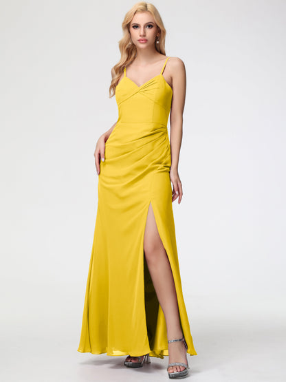 Marigold Yellow Bridesmaid Dress Sheath/Column Spaghetti Straps V-Neck Floor Length Chiffon Bridesmaid Dresses with Slit