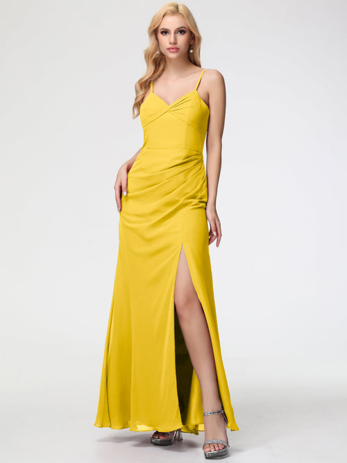 Marigold Yellow Bridesmaid Dress Sheath/Column Spaghetti Straps V-Neck Floor Length Chiffon Bridesmaid Dresses with Slit