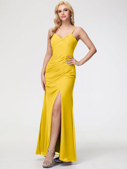 Marigold Yellow Bridesmaid Dress Sheath/Column Spaghetti Straps V-Neck Floor Length Chiffon Bridesmaid Dresses with Slit