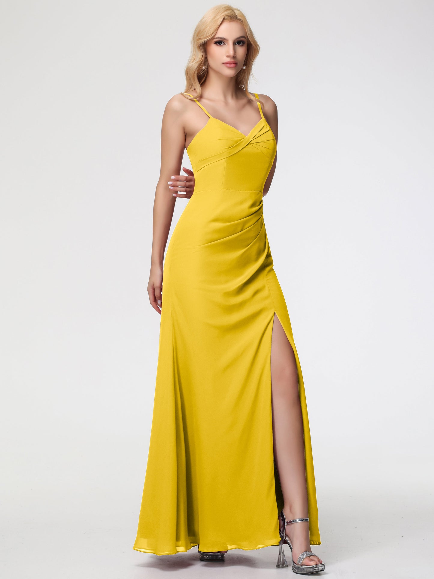 Marigold Yellow Bridesmaid Dress Sheath/Column Spaghetti Straps V-Neck Floor Length Chiffon Bridesmaid Dresses with Slit
