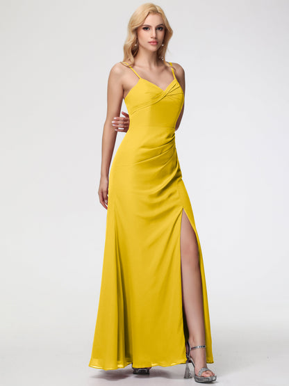 Marigold Yellow Bridesmaid Dress Sheath/Column Spaghetti Straps V-Neck Floor Length Chiffon Bridesmaid Dresses with Slit