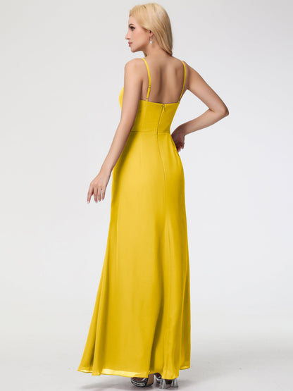 Marigold Yellow Bridesmaid Dress Sheath/Column Spaghetti Straps V-Neck Floor Length Chiffon Bridesmaid Dresses with Slit