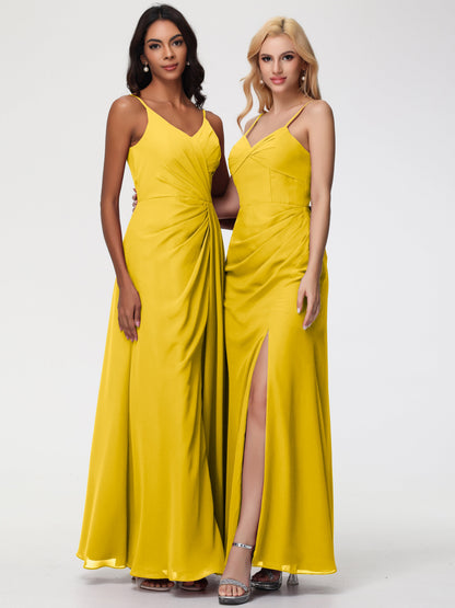 Marigold Yellow Bridesmaid Dress Sheath/Column Spaghetti Straps V-Neck Floor Length Chiffon Bridesmaid Dresses with Slit