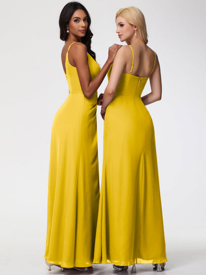 Marigold Yellow Bridesmaid Dress Sheath/Column Spaghetti Straps V-Neck Floor Length Chiffon Bridesmaid Dresses with Slit