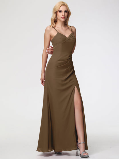 Mocha Bridesmaid Sheath/Column Spaghetti Straps V-Neck Floor Length Chiffon Bridesmaid Dresses with Slit