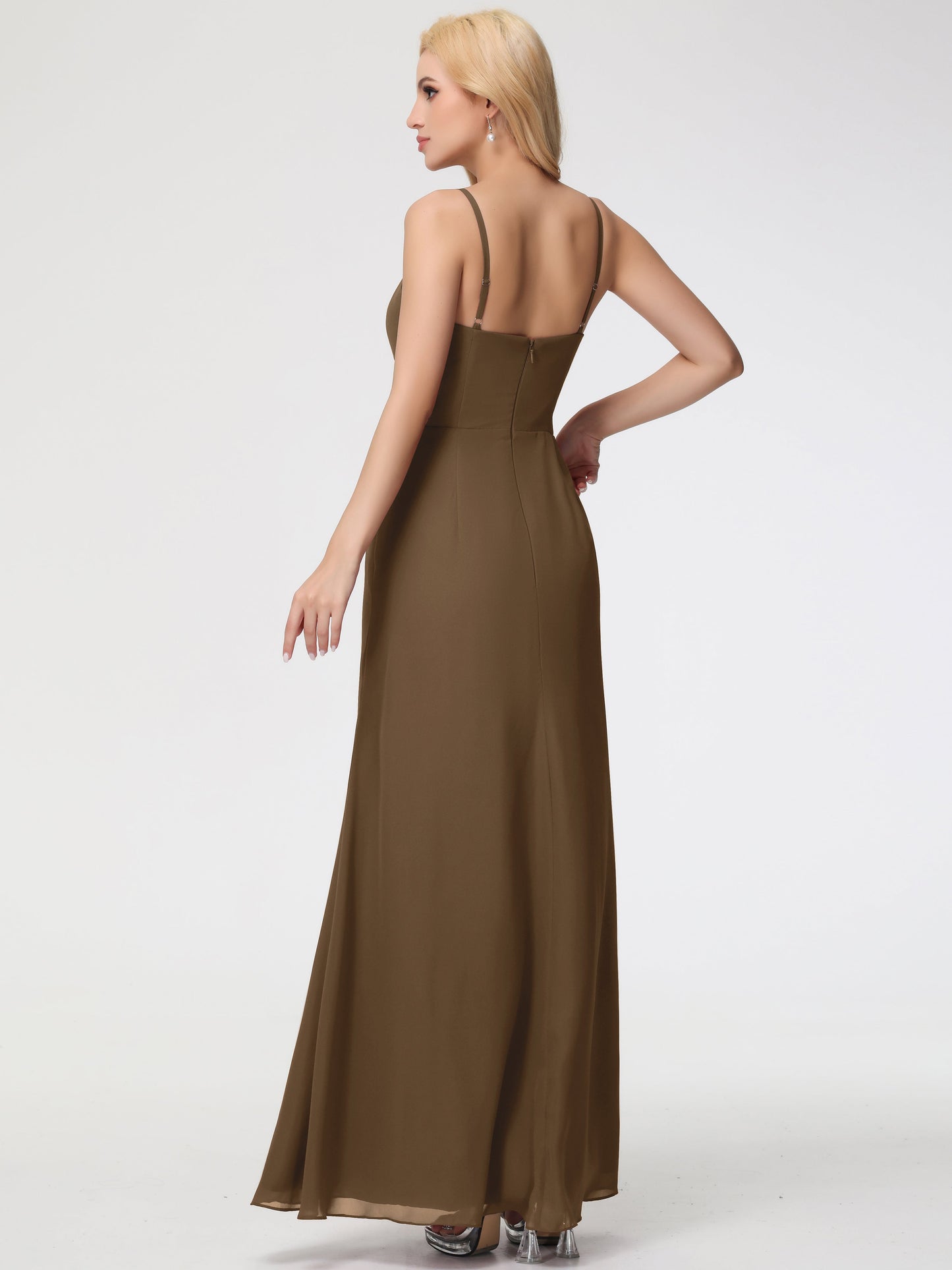 Mocha Bridesmaid Sheath/Column Spaghetti Straps V-Neck Floor Length Chiffon Bridesmaid Dresses with Slit