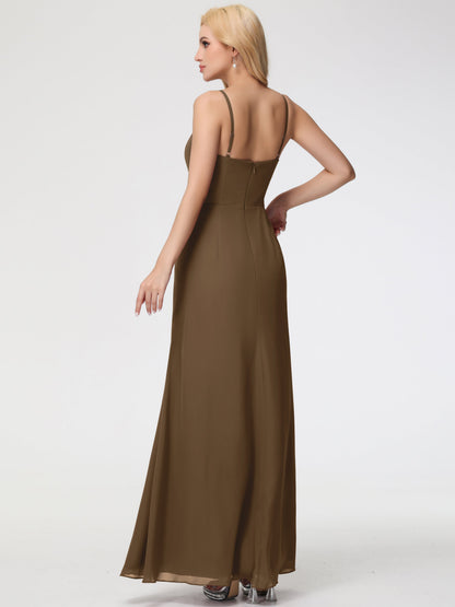 Mocha Bridesmaid Sheath/Column Spaghetti Straps V-Neck Floor Length Chiffon Bridesmaid Dresses with Slit