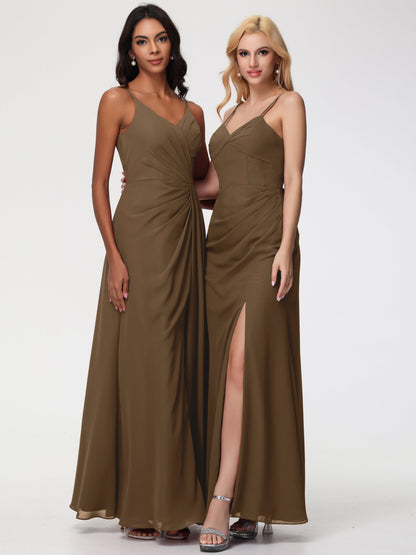 Mocha Bridesmaid Sheath/Column Spaghetti Straps V-Neck Floor Length Chiffon Bridesmaid Dresses with Slit