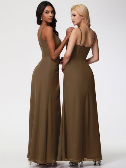 Mocha Bridesmaid Sheath/Column Spaghetti Straps V-Neck Floor Length Chiffon Bridesmaid Dresses with Slit
