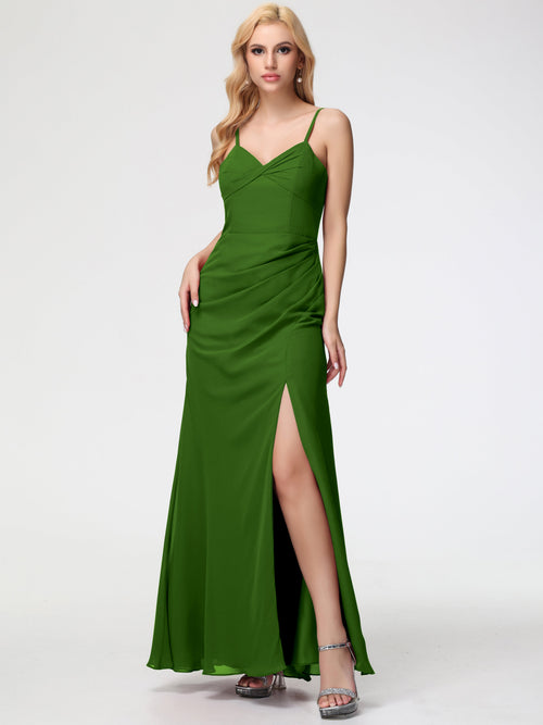 Moss Colored Bridesmaid Dresses Sheath/Column Spaghetti Straps V-Neck Floor Length Chiffon Bridesmaid Dresses with Slit