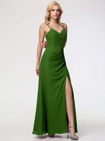 Moss Colored Bridesmaid Dresses Sheath/Column Spaghetti Straps V-Neck Floor Length Chiffon Bridesmaid Dresses with Slit