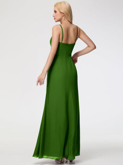 Moss Colored Bridesmaid Dresses Sheath/Column Spaghetti Straps V-Neck Floor Length Chiffon Bridesmaid Dresses with Slit