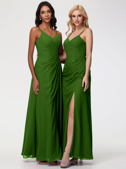 Moss Colored Bridesmaid Dresses Sheath/Column Spaghetti Straps V-Neck Floor Length Chiffon Bridesmaid Dresses with Slit