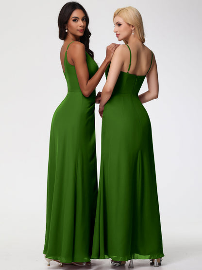 Moss Colored Bridesmaid Dresses Sheath/Column Spaghetti Straps V-Neck Floor Length Chiffon Bridesmaid Dresses with Slit