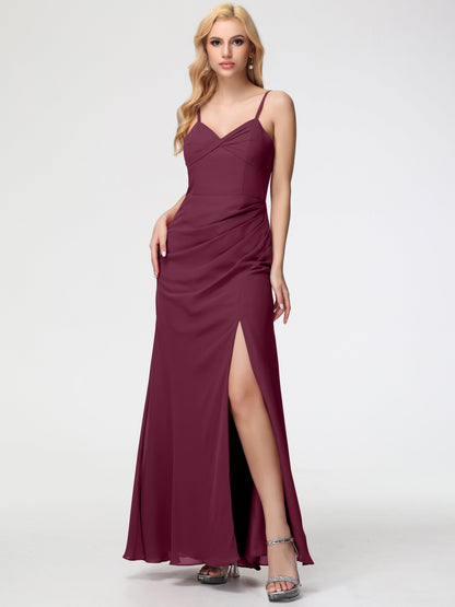 Mulberry Color Bridesmaid Dresses Sheath/Column Spaghetti Straps V-Neck Floor Length Chiffon Bridesmaid Dresses with Slit
