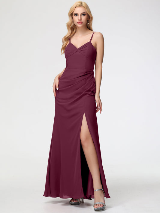 Mulberry Color Bridesmaid Dresses Sheath/Column Spaghetti Straps V-Neck Floor Length Chiffon Bridesmaid Dresses with Slit