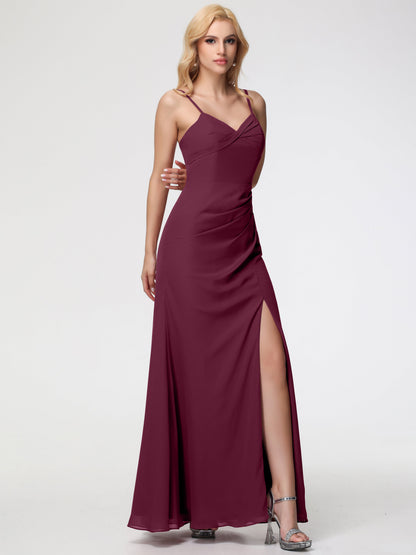 Mulberry Color Bridesmaid Dresses Sheath/Column Spaghetti Straps V-Neck Floor Length Chiffon Bridesmaid Dresses with Slit