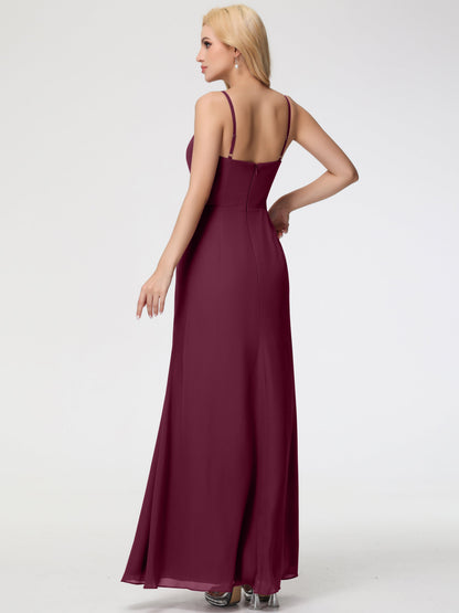 Mulberry Color Bridesmaid Dresses Sheath/Column Spaghetti Straps V-Neck Floor Length Chiffon Bridesmaid Dresses with Slit