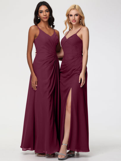 Mulberry Color Bridesmaid Dresses Sheath/Column Spaghetti Straps V-Neck Floor Length Chiffon Bridesmaid Dresses with Slit
