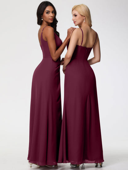 Mulberry Color Bridesmaid Dresses Sheath/Column Spaghetti Straps V-Neck Floor Length Chiffon Bridesmaid Dresses with Slit