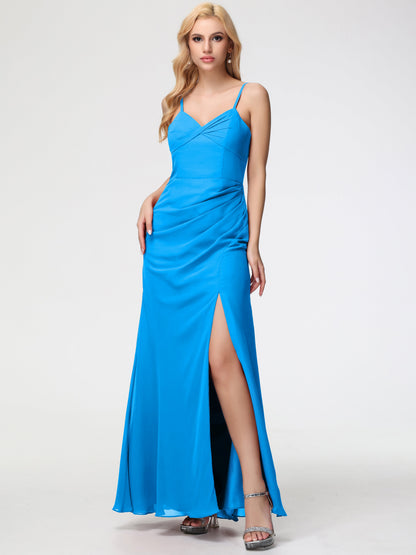Ocean Themed Bridesmaid Dresses Sheath/Column Spaghetti Straps V-Neck Floor Length Chiffon Bridesmaid Dresses with Slit