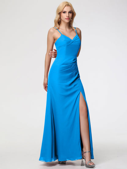 Ocean Themed Bridesmaid Dresses Sheath/Column Spaghetti Straps V-Neck Floor Length Chiffon Bridesmaid Dresses with Slit