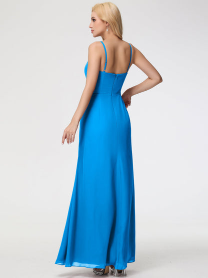 Ocean Themed Bridesmaid Dresses Sheath/Column Spaghetti Straps V-Neck Floor Length Chiffon Bridesmaid Dresses with Slit