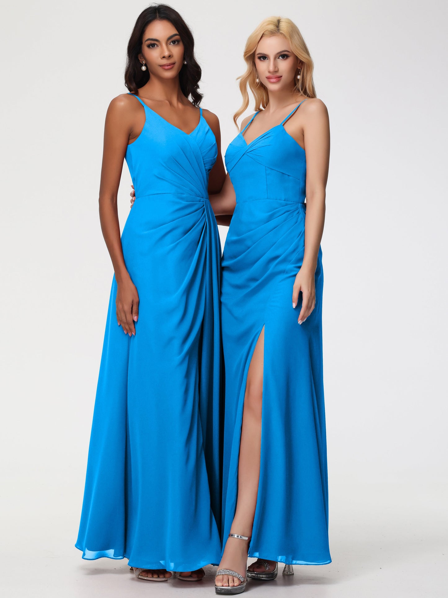 Ocean Themed Bridesmaid Dresses Sheath/Column Spaghetti Straps V-Neck Floor Length Chiffon Bridesmaid Dresses with Slit